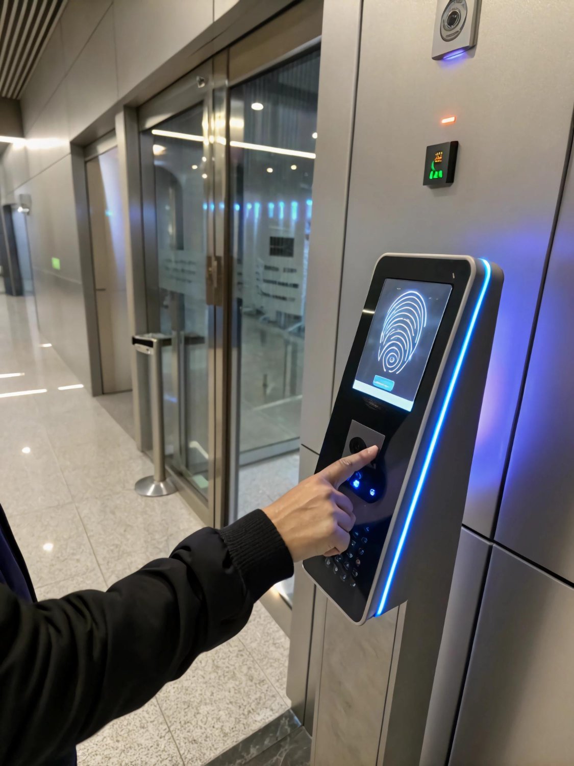 A person uses a fingerprint scanner on a biometric access control terminal near a glass door in a modern building.