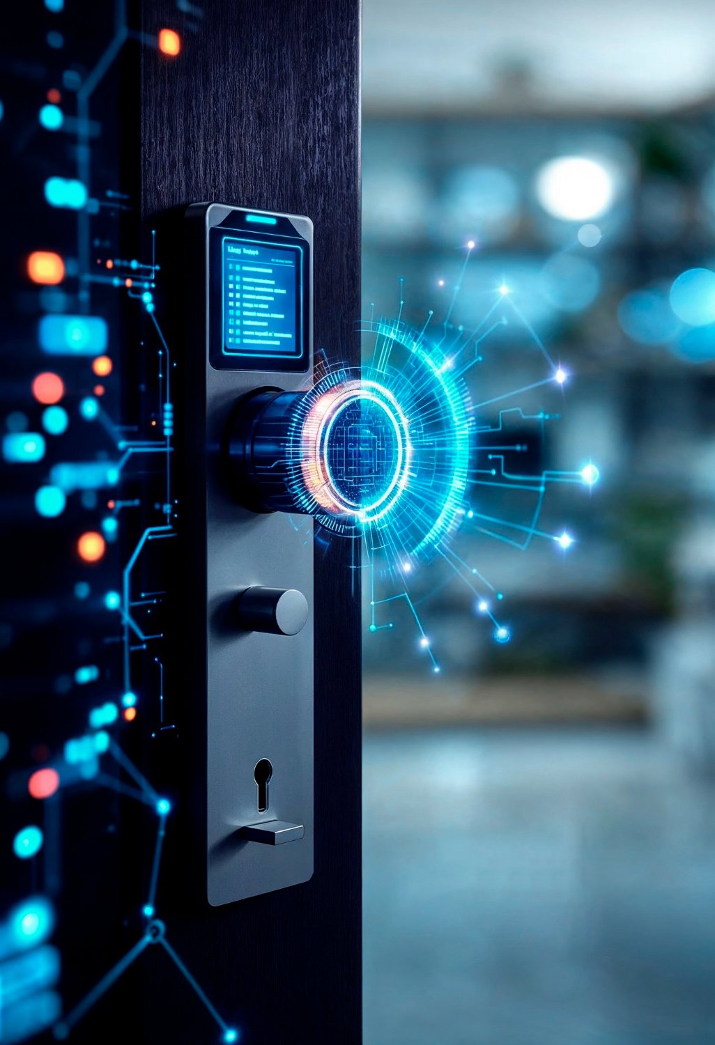 Futuristic smart lock with holographic blue interface on a sleek door, representing advanced technology and security. A digital screen displays details.